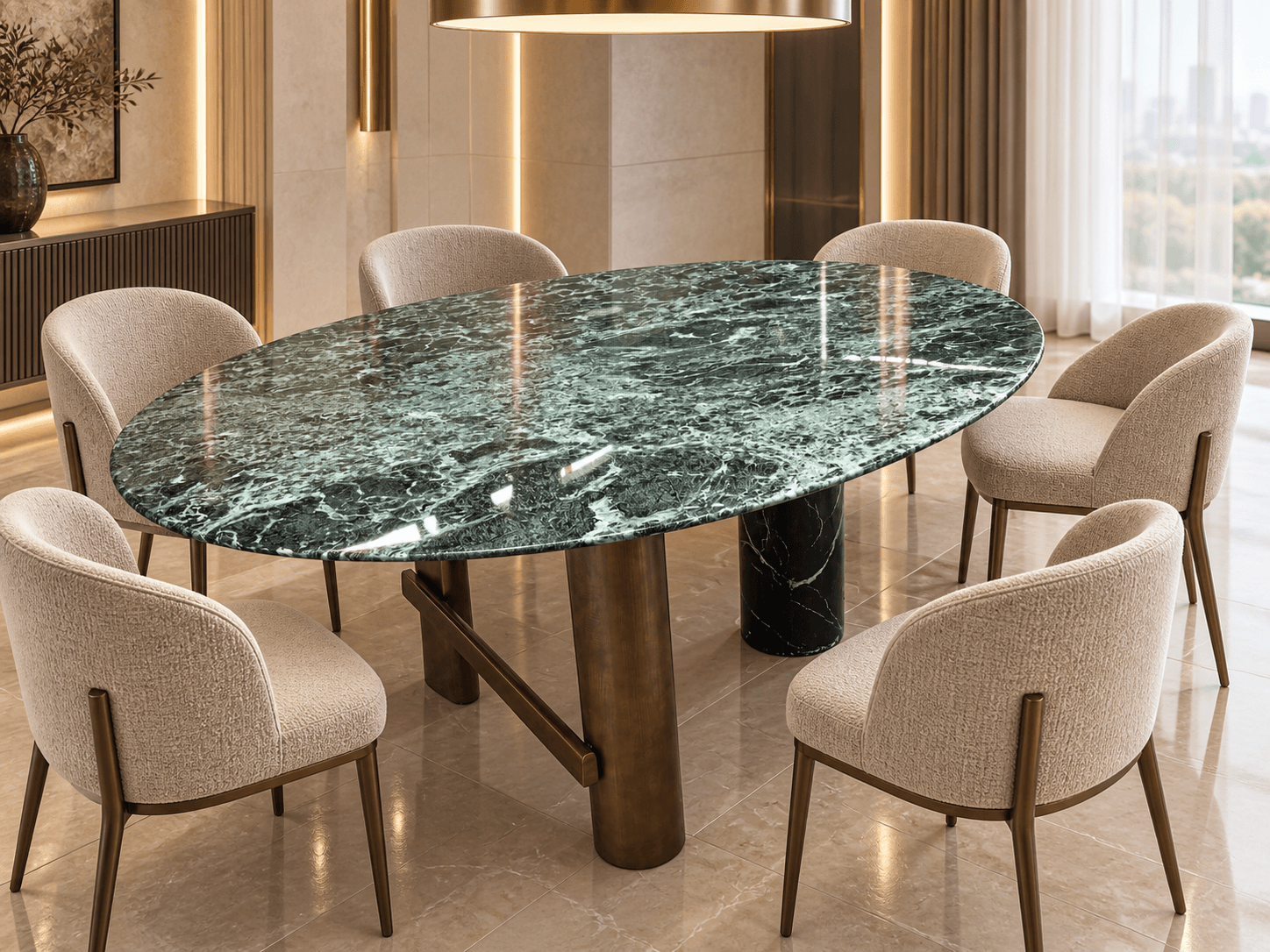 A hotel interior rendering with a green veined stone table and upholstered chairs.