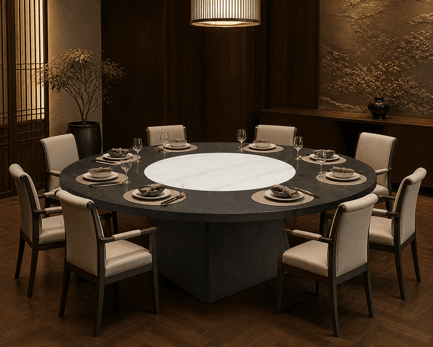 A large round table and coordinated seating in a hotel private dining room.
