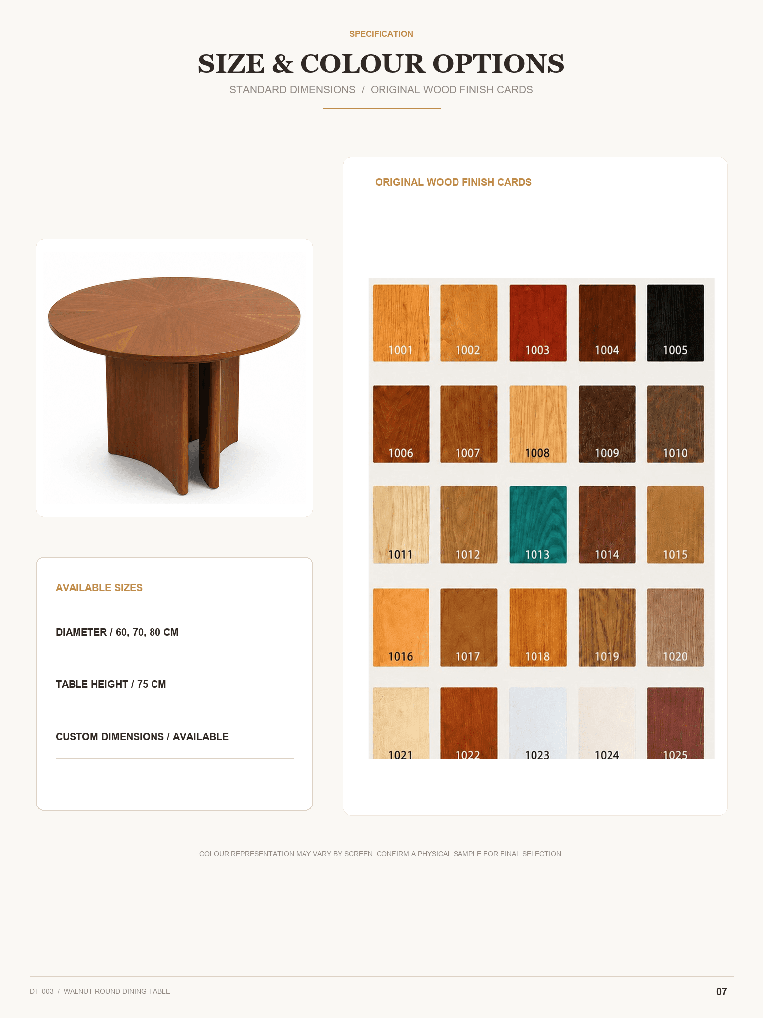 DT-003 · Size and colour options